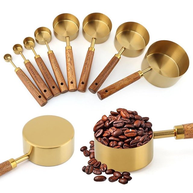 Gold Measuring Cups and Spoons Set of 8, Stackable Stainless Steel Measuring Spoons and Measuring Cup Set with Wood Handles, Dry & Liquid Measuring Cups for Cooking & Baking