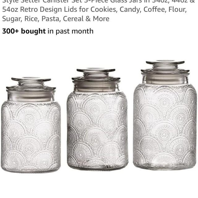 Style Setter Canister Set 3-Piece Glass Jars in 34oz, 44oz & 54oz Retro Design Lids for Cookies, Candy, Coffee, Flour, Sugar, Rice, Pasta, Cereal & More