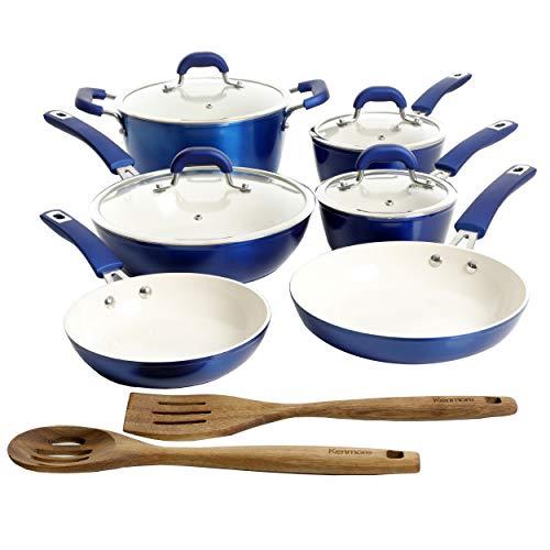 Kenmore Arlington Ceramic Coated Nonstick Aluminum Cookware Set, 12-Piece, Metallic Blue
