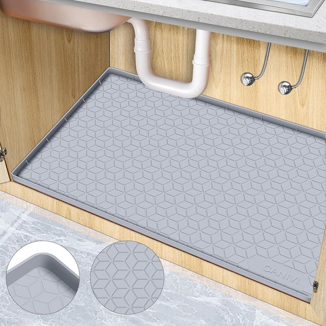CANIVI Under Sink Mat, 34" x 22" Waterproof Silicone Under Sink Tray for Kitchen & Laundry Cabinets, Kitchen Cabinet Shelf Protector, Up to 3.3 Gallons Liquid, Fits 36 inch Standard Cabinet Light Grey