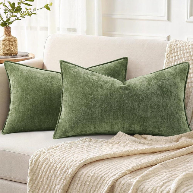 decorUhome Spring Couch Throw Pillow Covers 12x20 Set of 2, Decorative Soft Velvet Neutral Chenille Lumbar Pillow Covers with Elegant Design for Sofa Bed Living Room Home Decor, Olive Green