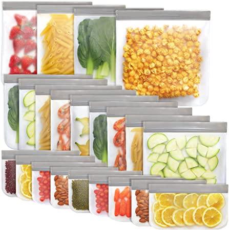 Jagrom 22 Pack Reusable Storage Bags 4 Gallon & 9 Sandwich Lunch Bags & 9 Small Kids Snack Bags For Food, EXTRA THICK Leak Proof Reusable Food Bags, Freezer Bags, Reusable Zipper Bags, BPA FREE, Grey