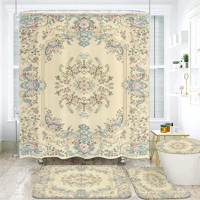 Vintage Floral Bathroom Set, 4-Piece with Shower Curtain 71x71, Bath Mat, Contour Rug, Toilet Lid Cover,Victorian Style Pattern