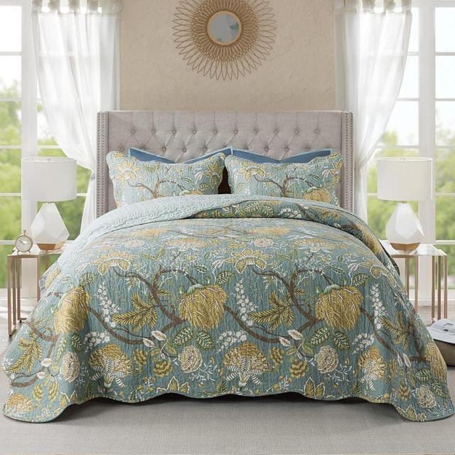 NEWLAKE Cotton Bedspread Quilt Sets-Reversible Patchwork Coverlet Set, Green Floral Pattern, Queen Size