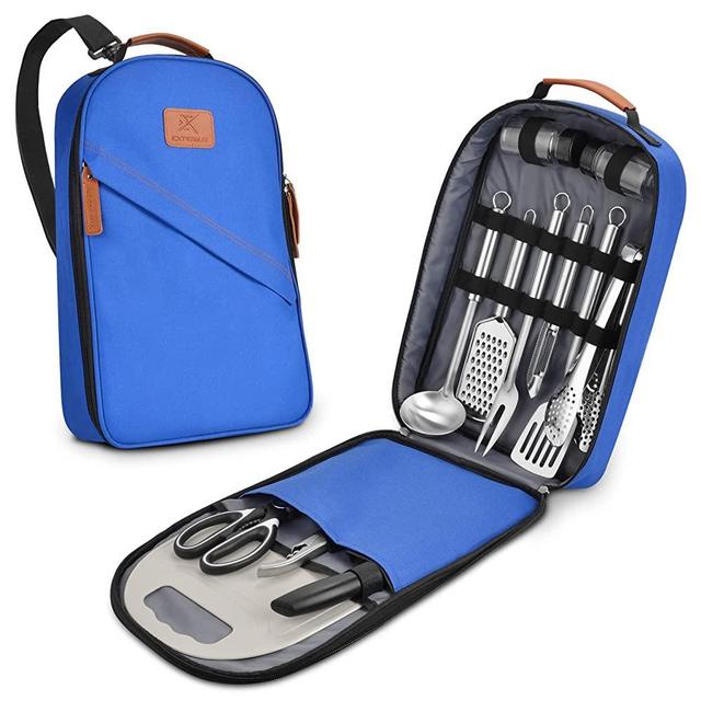 Extremus Camping Cooking Utensils Set 13 Pcs Cookware Kit - Portable Outdoor Cooking and Grilling Utensil Organizer Travel Set for Backpacking BBQ Camping Travel,Camping Accessories,Blue