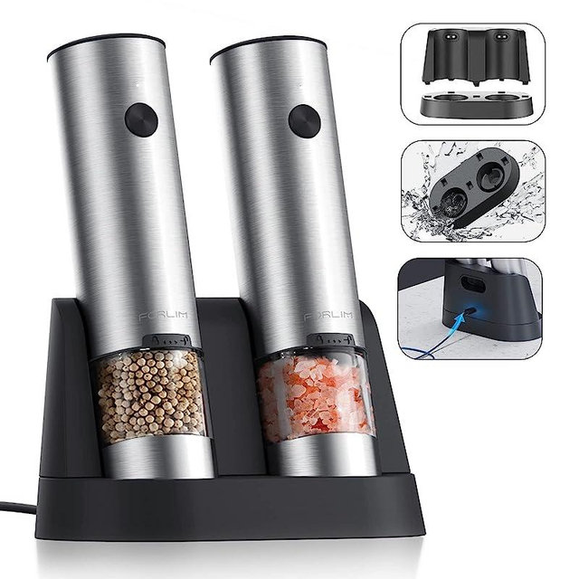 FORLIM Electric Salt and Pepper Grinder Set, USB Rechargeable Automatic Salt and Pepper Grinder Set with Upgraded Base, One Handed Operation Refillable Mill with Light, Adjustable Coarseness - 2 Mills