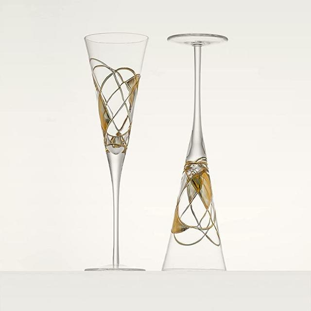 Antoni Barcelona Champagne Flute 7.5 Oz GOLD - EXCLUSIVE BOX -Unique Mouth Blown Line Hand Painted Beverage Amazing Gift Birthday Anniversary Wedding Woman Man (Set 2)