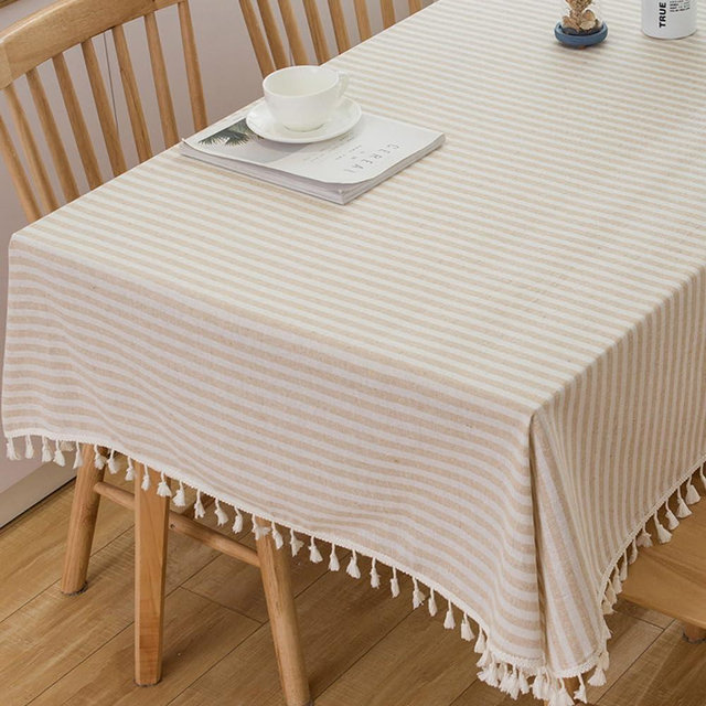 TruDelve Cotton Linen Tablecloth Beige Striped Tablecloth with Tassels Boho Table Cloth Rectangle Table Cover (Rectangle, 55 x 70Inch, Beige)