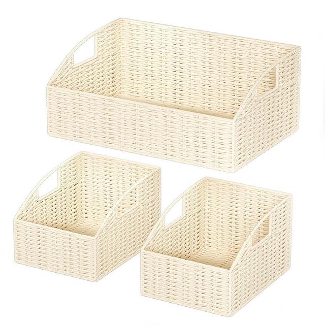 Ollieroo Rattan Storage Baskets, Handwoven Wicker Storage Bins with Built-in Handles, Storage Container Baskets for Shelves, Bedroom, Bathroom, Laundry Room or Kitchen(Beige)