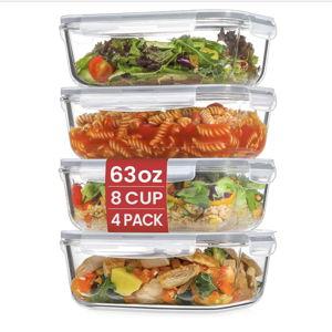 4 Pack 8 Cups/ 63oz Large Glass Storage Containers with Lids, Meal Prep Containers, Glass Food Storage with Airtight Lid for Baking, Leak Proof & Microwave, Oven Safe (4 Containers + 4 Lids)