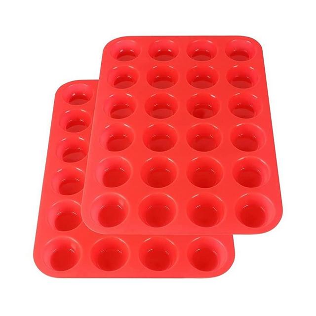Mini Muffin Pan Silicone Cupcake Baking Cups - Non Stick Silicone Molds for Muffin Tins (Pack of 2, Red)