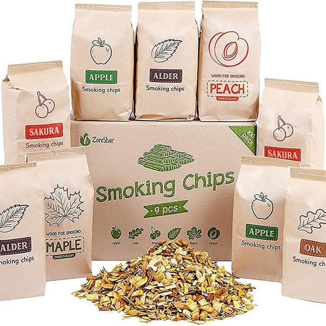 Zorestar Wood Chips for Smokers, 9 pcs Variety Pack of Oak | Alder | Cherry | Apple Chips for Smoking and Grilling + Bonus e-Book
