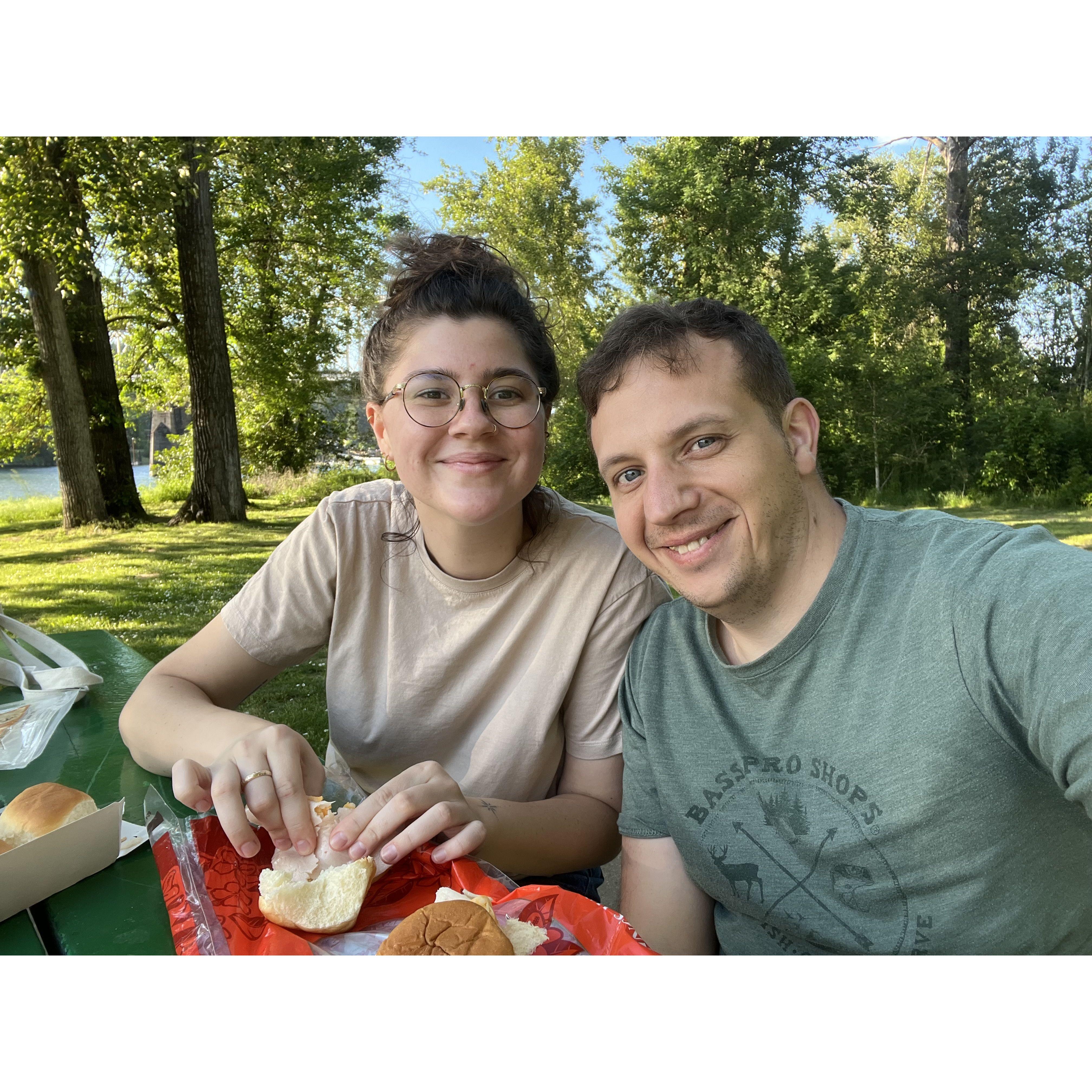 We love to picnic. Olivia is very good at picnics, and I am very good at eating what she prepares.