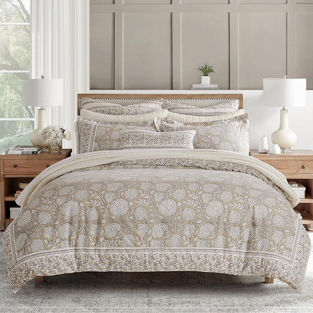 Levtex Home Adare Taupe Reversible King/Cal King Comforter Set (106x94in) with 2 Pillowcases (36x20in) - Floral Bedding - Taupe White - 100% Cotton King Size Comforter Set - Soft, Pre-Washed