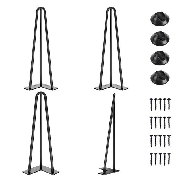 SMARTSTANDARD Hairpin Table Legs 16 Inch, 1/2'' in Diameter 3 Rods, Metal Home DIY Projects for Nightstand, Coffee Table, Dresser with Rubber Floor Protectors, Black, 4PCS