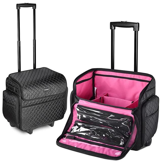 BYOOTIQUE Diamond Pattern Rolling Makeup Case Lightweight Cosmetic Bag Trolley Travel Storage Organizer with Removable Dividers Side Pocket
