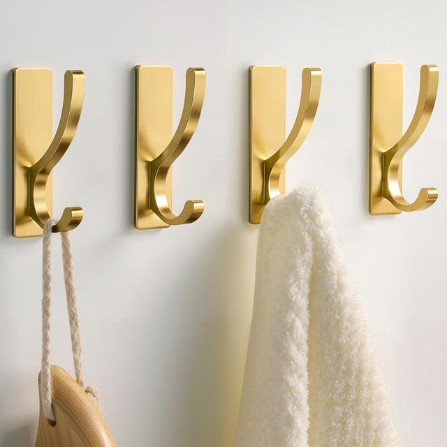 pickpiff Adhesive Wall Hooks for Towels - Sticky Hook Hanging Heavy Duty (13lb), Hanger for Door, Bathroom, Dorm, Closet - for Coats, Purse, Bag, Robe - No Damage to Wall - Gold 4 Pack