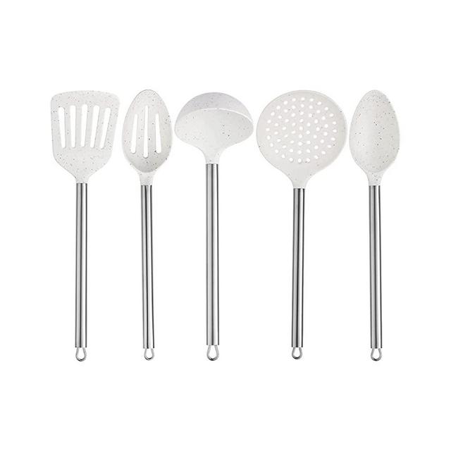 Cook with Color Non Stick Cooking Utensils- 5 Pc Kitchen Utensil Set for Nonstick Cookware, Easy to Clean Nylon Cooking Utensils with Stainless Steel Handles, Kitchen Gadgets (White)