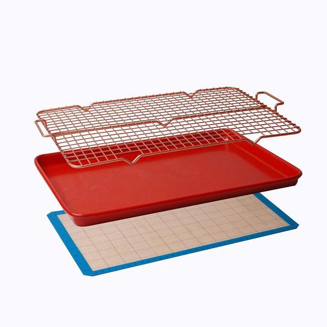 CasaWare 3pc Ultimate Commercial Weight 15 x 10 x 1-inch Cookie Sheet/Cooling Grid/Silicone Mat Bakeware Set (Red Granite)