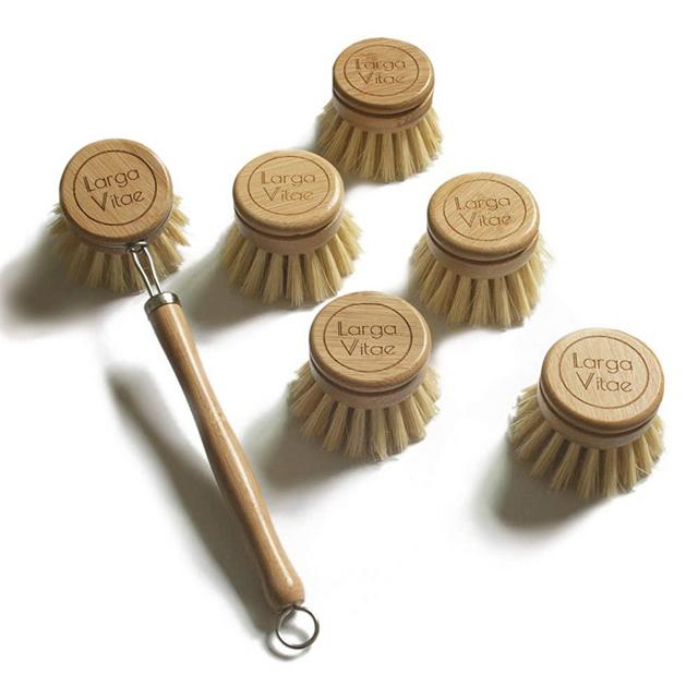 Larga Vitae Wooden Dish Brush Made of Renewable Bamboo Wood and Natural Bristle Tampico Fiber, includes 5 Replacement Brush Heads, Durable, Long Lasting, All Purpose Kitchen Scrubber