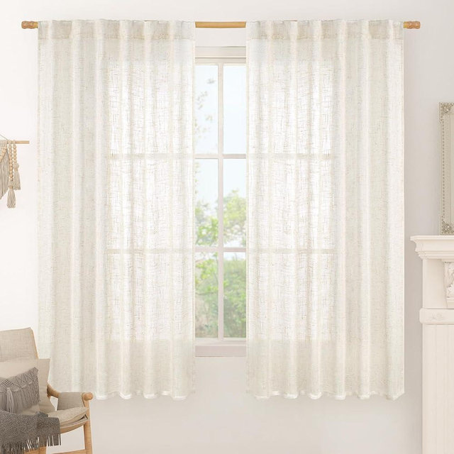 LAMIT Cream Semi Sheer Linen Curtains 60 Inch, Light Filtering Neutral Window Panels Farmhouse Boho Back Tab and Rod Pocket Drapes for Bedroom, 2 Panels, 52 x 60 Inch