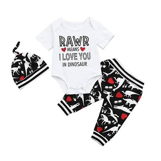Jarsh Baby Boys Girl I Love You Letter Dinosaur Printed Romper Tops+Pants+Hat Outfit 3Pcs Clothes Set