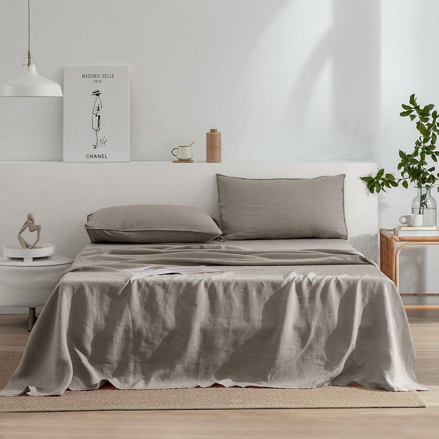 EVERLY Linen California King Sheets Set,100%French Washed Linen Bed Sheets Deep Pocket Sheets,4Pieces(1Flat Sheet,1Fitted Sheet,2Pillowcases)Suitable for Hot Sleepers,180GSM Natural Linen Bedding Set