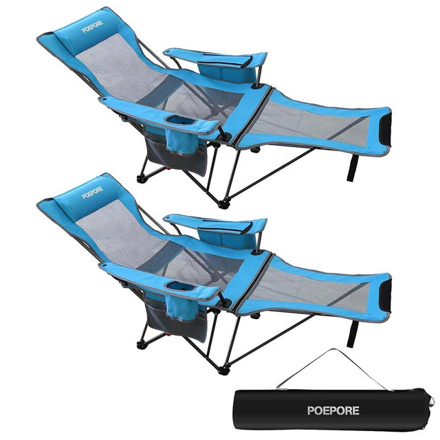 POEPORE 2-Pack Reclining Camping Chair 4 Position with Foot Rest Comfortable for Adults 265Ibs Folding Lounger Mesh Beach Chair with Cooler Bag and Cup Holder for Outdoor Patio