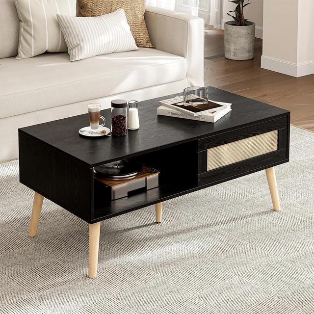 ZttRiee Wood Coffee Table with Storage, Boho Dining Table with Sliding Rattan Door Panel and Solid Wood Legs, Small Coffee Tables for Living Room, Black