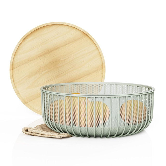 LIBKEN Metal Wire Mesh Fruit Baskets with Wooden Lid - Fly-Proof Indoor Solution for Fresh Fruits - Covered Fruit Bowl - Produce Cover Against Flies for Banana, Tomato and Vegetables - Green