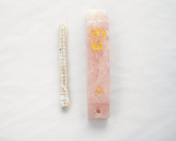 Handmade Carved Rose Quartz Stone Mezuzzah with Scroll