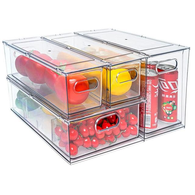 MineSign 4 pack Stackable Fridge Drawers Pull-Out Bins Divided Produce Saver Containers for Refrigerator Storage Organizers for Veggie Fruit Berry Pantry Cabinet Makeup Clothes