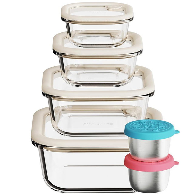 COSYSHINY Glass Food Storage Containers with Silicone Glass Lids, Stainless Steel Salad Dressing Containers, LeakProof Food Containers Set, 4-pack 10-18-28-35 oz（White）
