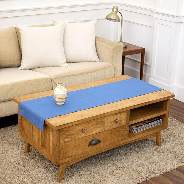 Solino Home Dusty Blue Hemstitch Table Runner 60 Inches - Cotton Linen Small Table Runner 14 x 60 Inch Ideal for Dresser and Coffee Tables - Spring, Summer