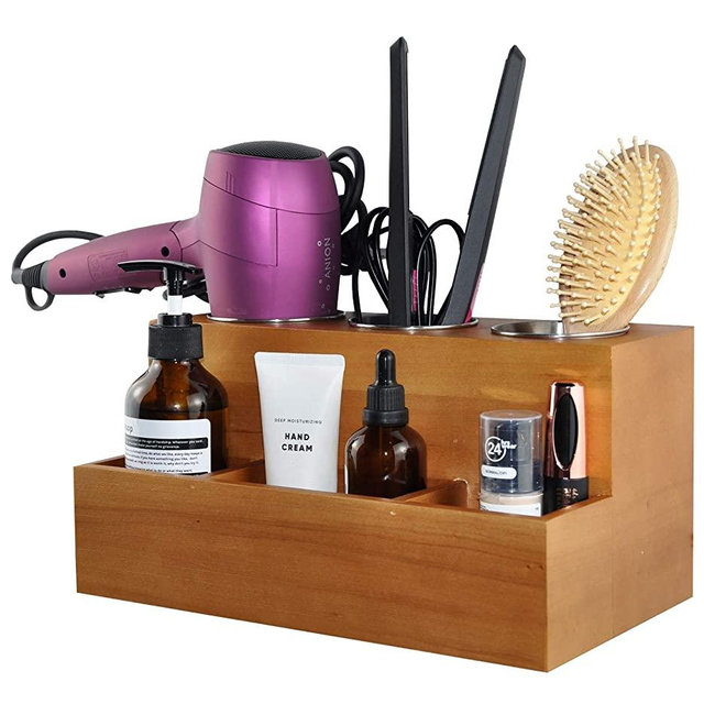 Spiretro Hair Tools Organizer, Hair Dryer Care Styling Straightener, Flat Iron, Curling Wand, Brushes Holder, Caddy Storage for Vanity & Bathroom, Wall Mount or Sit on Counter, Solid Wood in Tan