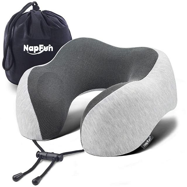 NAPFUN Neck Pillow for Traveling, Upgraded Travel Neck Pillow for Airplane 100% Pure Memory Foam Travel Pillow for Flight Headrest Sleep, Portable Plane Accessories, Light Grey