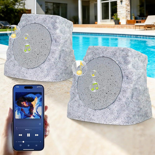 uuffoo 2-Pack Rock Speakers Outdoor Waterproof with RGB Color Lights Multi-Sync Up to 100 Speakers,Auto-Pairing,Solar-Powered and USB Charging for Patio Pool Party Yard Garden Outside