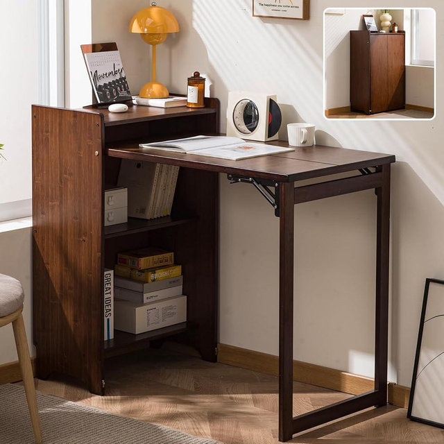 Bamboo Folding Desk for Small Space Mid Century Foldable Computer Desk with Storage Space for Home Office Bedroom, Brown