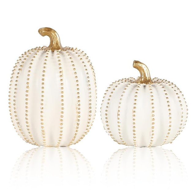 GoGnome Set of 2 White & Gold Decorative Pumpkins – Resin Fall Harvest Table Centerpiece, Elegant Autumn Décor for Thanksgiving Decoration Farmhouse Home (White)