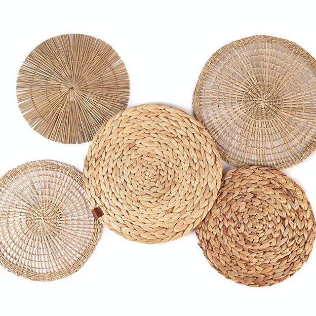 Wall Basket Decor Boho Flat, Set of 5 Hanging Woven Wicker Baskets (11" - 13"), Round Seagrass Rattan Wall Plates, Wicker Plates for Wall, Woven Basket Decor, Large African Wall Baskets