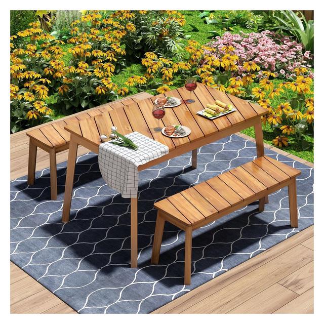 3 Pieces Natural Acacia Wood Table Bench Dining Set For Outdoor & Indoor Furniture With 2 Benches,Picnic Table Set-Maison Boucle