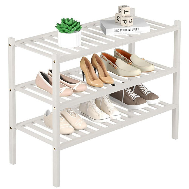 ROMGUAR CRAFT 3 Tier Bamboo Shoe Rack for Closet Free Standing Wood Shoe Shelf Storage Organizer for Entryway Small Space Stackable 27"x11"x20" (White)