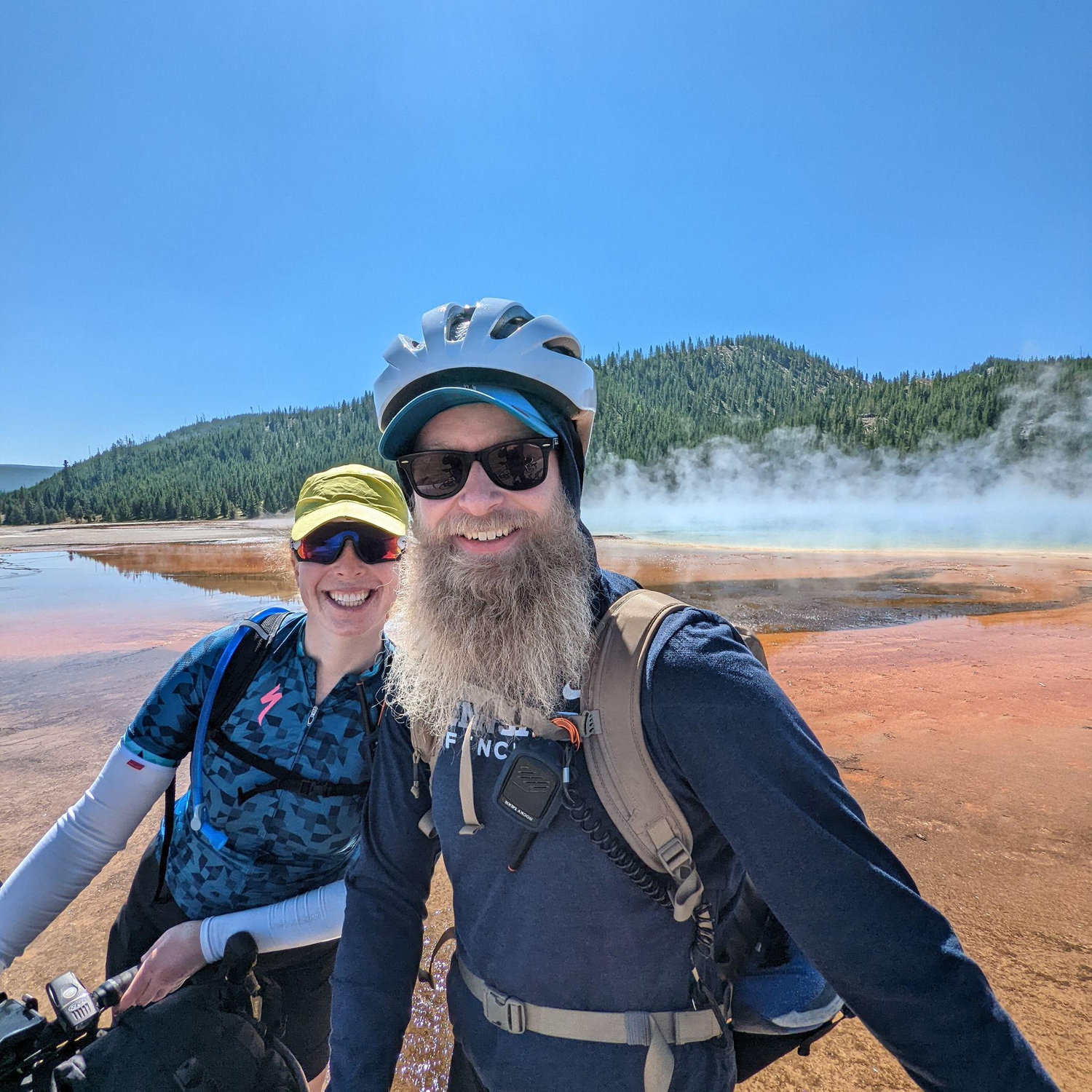 Biking around Yellowstone National Park (here in front of the Grand Prismatic hot spring) with Louis-Marin and Pauline.