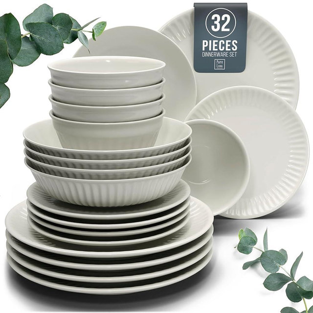 Stoneware Dinnerware Set for 8 People HYGGE 32-Piece - Elegant Scandi Design - Premium Dish Set - Bowl and Plate Set - Tableware for 8 People in a Ribbed Design - Pure Living in Beige