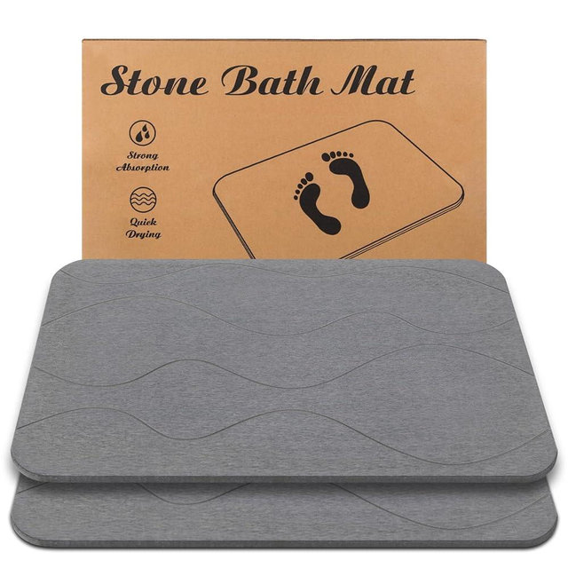 JIZEUO Stone Bath Mat, Diatomaceous Earth Shower Mat, Non-Slip Super Absorbent Quick Drying Bathroom Floor Mat, 2Pack,Grey, Pattern 1