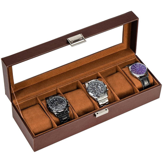 ProCase Watch Box for Men, 6 Slot Mens Watch Case, Watch Storage Watch Holder Organizer for Men, Watch Display Case With Glass Lid -6 Slot, Brown