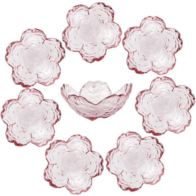 Sanbege 8 Pcs Glass Sakura Soy Sauce Dishes, Cute Mini Dessert Bowls, Stackable Tiny Appetizer Plates for Dips, Seasonings, Snacks, Fruits or Tea Bags, Small Candles, Trinkets (Pink)
