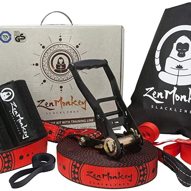 ZenMonkey Slackline Kit with Overhead Training Line, Arm Trainer, Tree Protectors, Cloth Carry Bag and Instructions, 60 Foot - Easy Setup for the Family, Kids and Adults