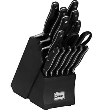 ZEUKER Premium Kitchen Knife Set With Block, German Stainless Steel Forged Blades, 15 Pieces, Ergonomic Black Handles, Black Wooden Block, 2 Chef Knives, 1 Santoku Knife, 1 Tomato Knife & More