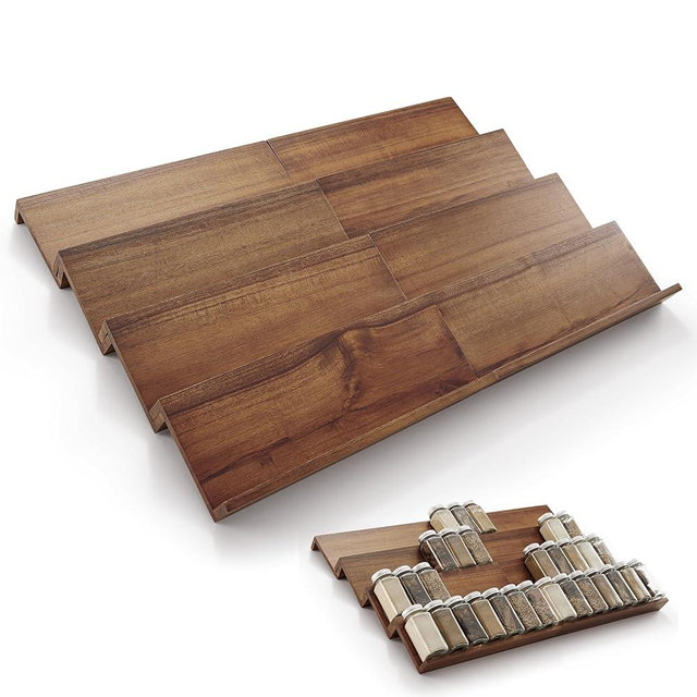 Tinamo 8-Pack Acacia Wooden Spice Drawer Organizer - Spice Organization for Cabinet, Seasoning Organizer for Cabinet - Organizador De Especias De Cocina - 64 Standard Jars, Multi-Tier (Walnut color)